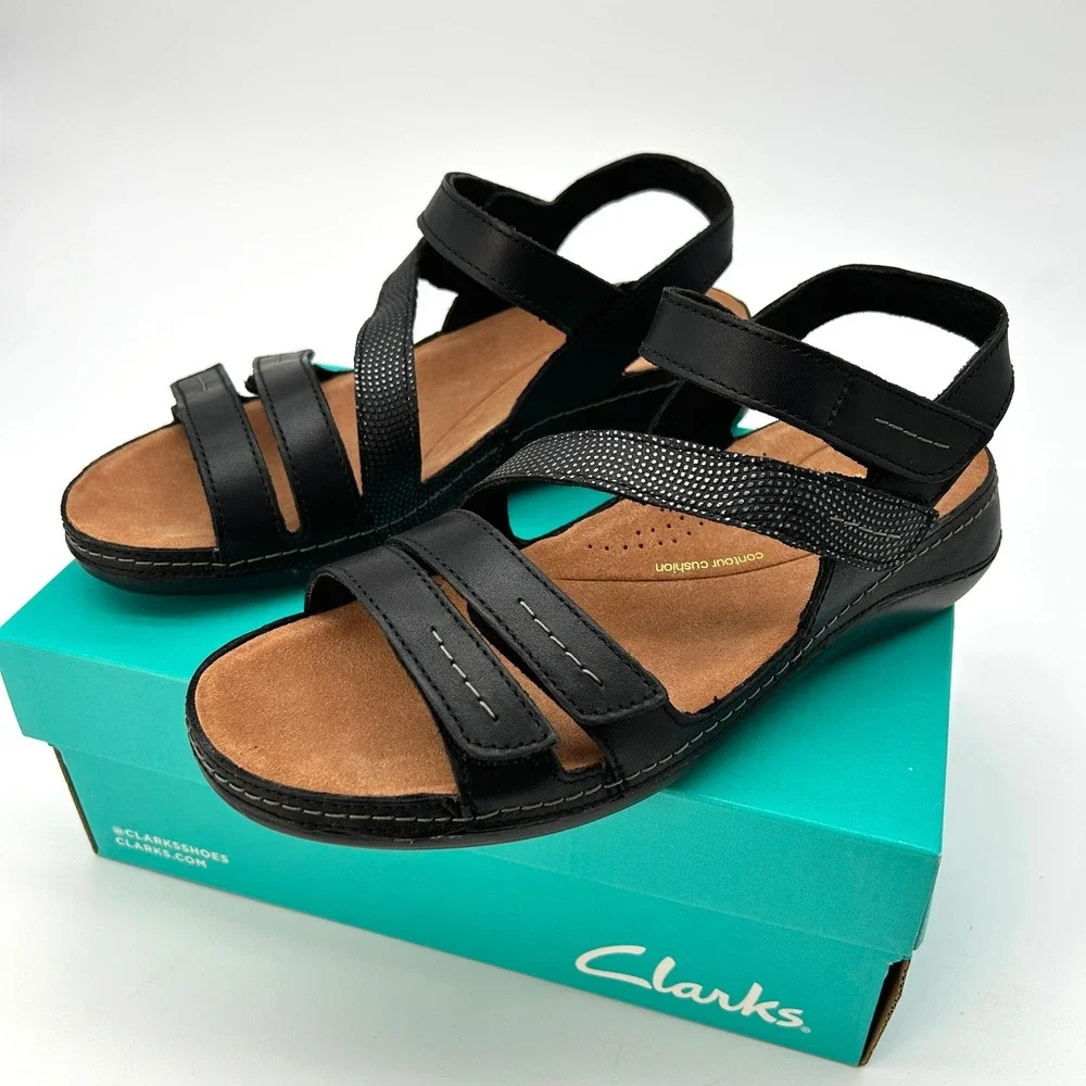 Womens Sandals Clarks Cecily Mix Size 6.5 Wide Black Leather Strappy Comfort NEW